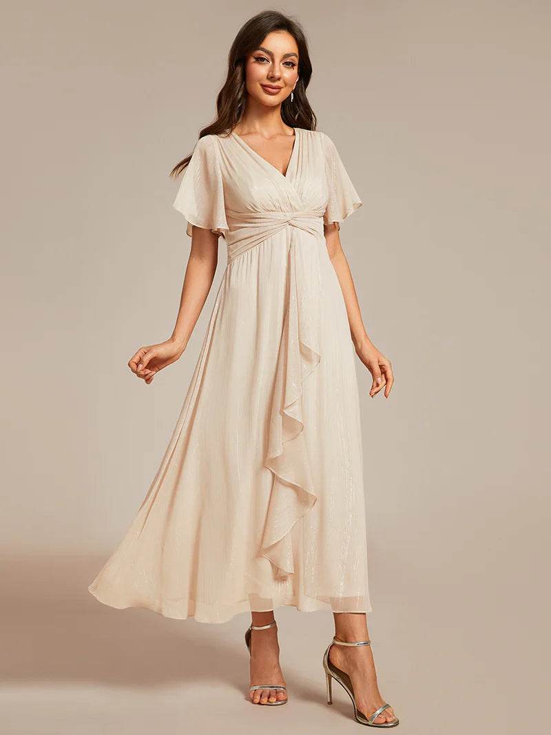Elegant Shimmer V-Neck Tea-Length Dress with Short Sleeves – Perfect Wedding Guest Outfit - Biamonde